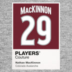 Nathan MacKinnon 29 Jersey Frame Men's T-Shirt – grey close-up detail shot of the Nathan MacKinnon 29 Players Couture logo
