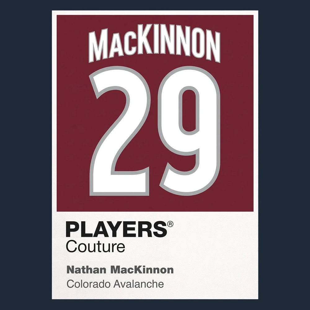Nathan MacKinnon 29 Jersey Frame Men's T-Shirt – navy close-up detail shot of the Nathan MacKinnon 29 Players Couture logo