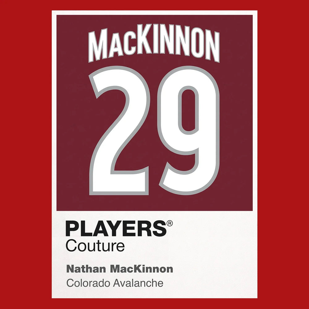 Nathan MacKinnon 29 Jersey Frame Men's T-Shirt – red close-up detail shot of the Nathan MacKinnon 29 Players Couture logo