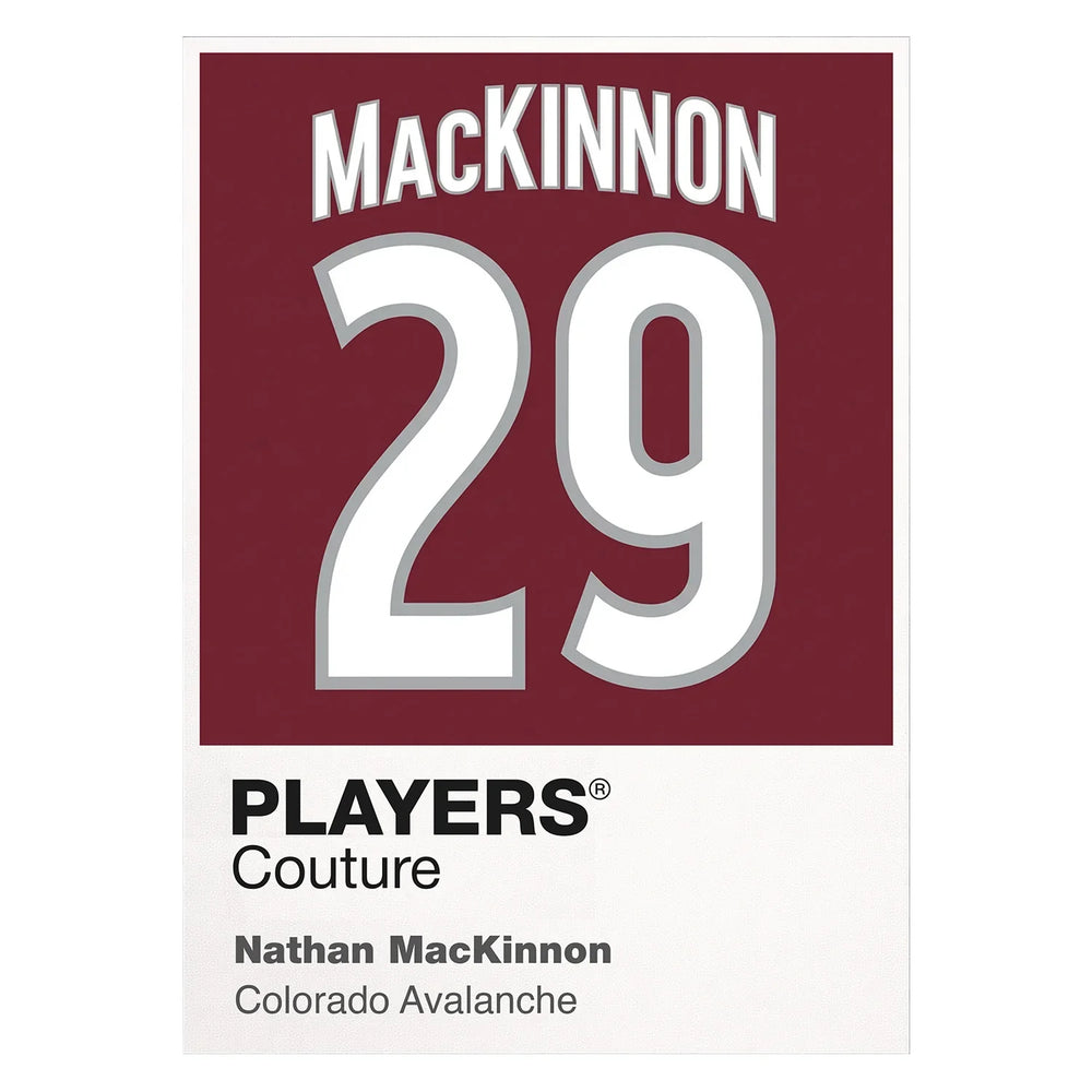 Nathan MacKinnon 29 Jersey Frame Men's T-Shirt – white close-up detail shot of the Nathan MacKinnon Players Couture logo