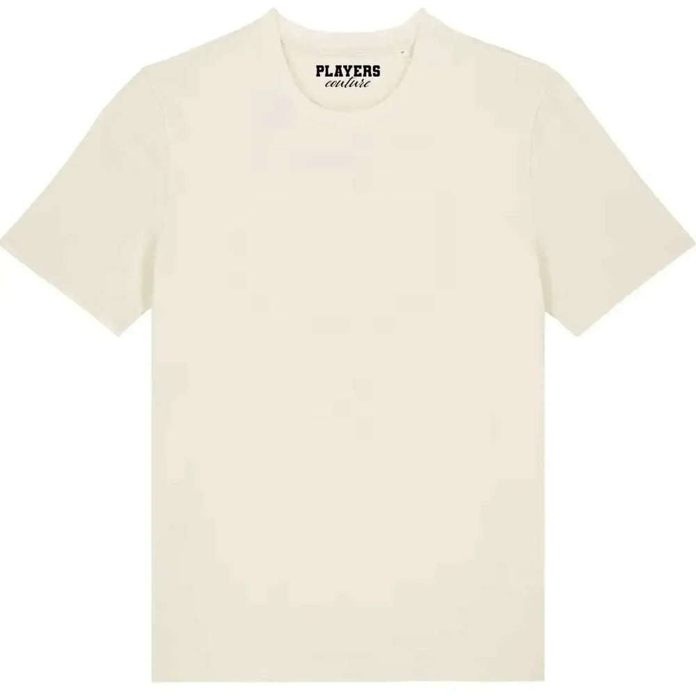 Premium Custom Men's T-Shirt t-shirt – close-up of white Premium Custom Men's T-Shirt lettering and Players Couture logo on