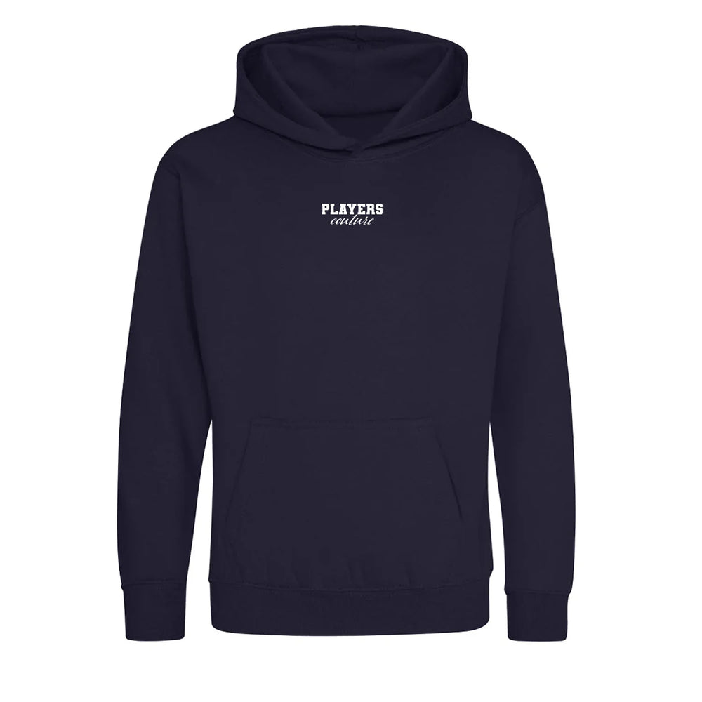 Essentials Collection hoodie – navy kids' hoodie with white Essentials Collection letters and Players Couture logo on the