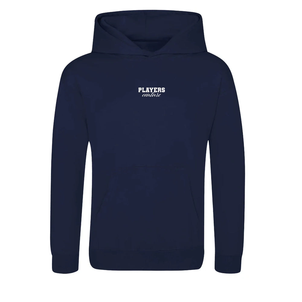 Essentials Collection hoodie – navy kids' hoodie with white Essentials Collection letters and Players Couture logo on the