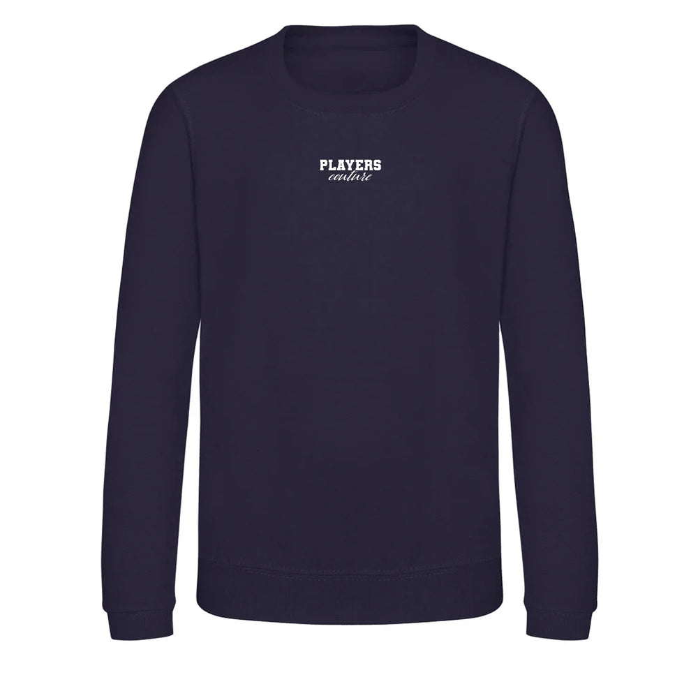 Essentials Collection hoodie – navy kids' hoodie with white Essentials Collection letters and Players Couture logo on the