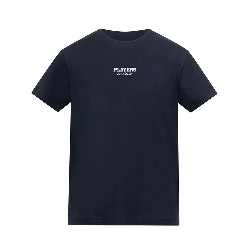 Essentials Collection t-shirt – navy kids' t-shirt with white Essentials Collection letters and Players Couture logo on the