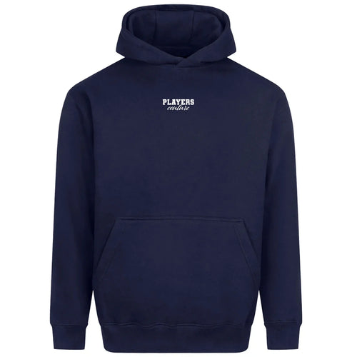 Essentials Collection hoodie – navy men's hoodie with white Essentials Collection letters and Players Couture logo on the