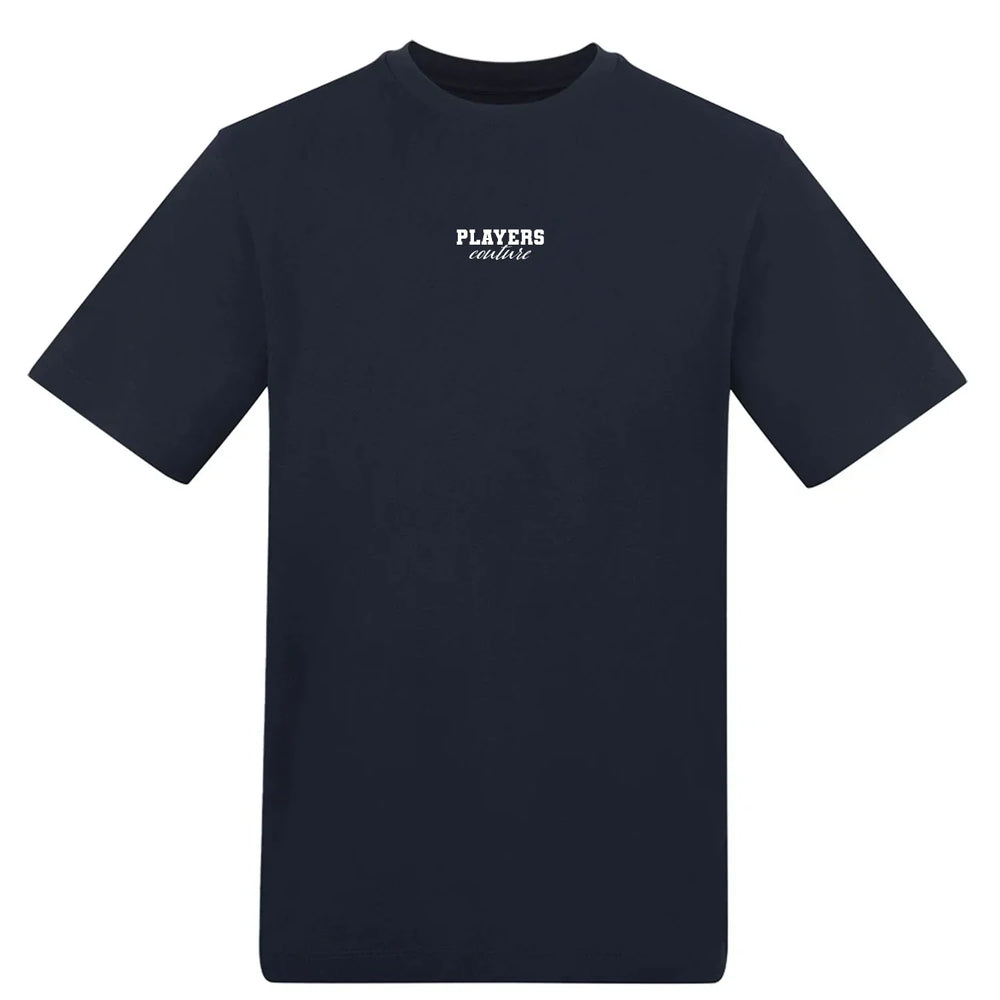 Essentials Collection t-shirt – navy men's t-shirt with white Essentials Collection letters and Players Couture logo on the