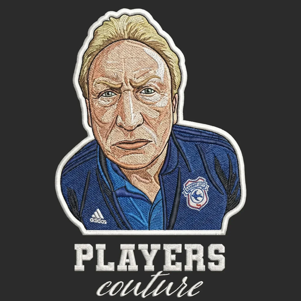 Neil Warnock Badge Men's Hoodie – black close-up detail shot of the Neil Warnock Players Couture logo design