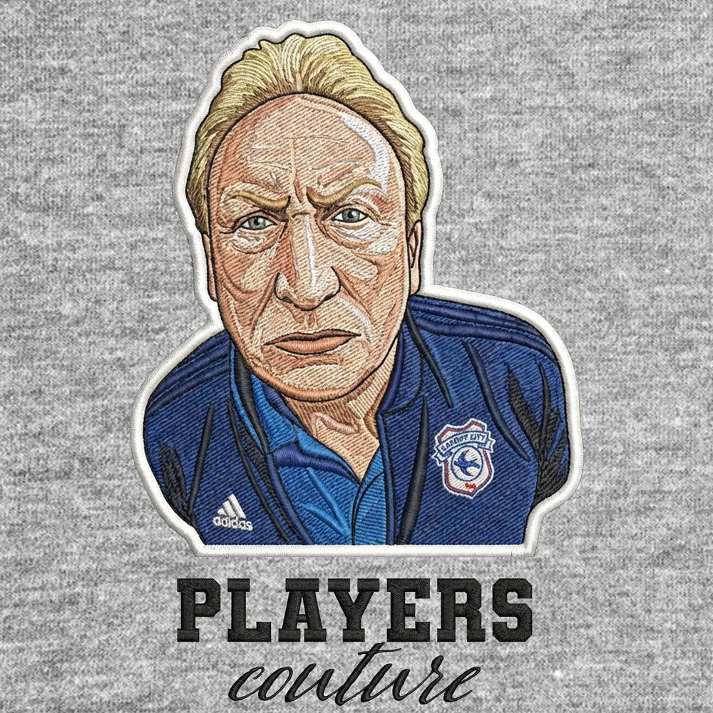 Neil Warnock Badge Men's Hoodie – grey close-up detail shot of the Neil Warnock Players Couture logo design