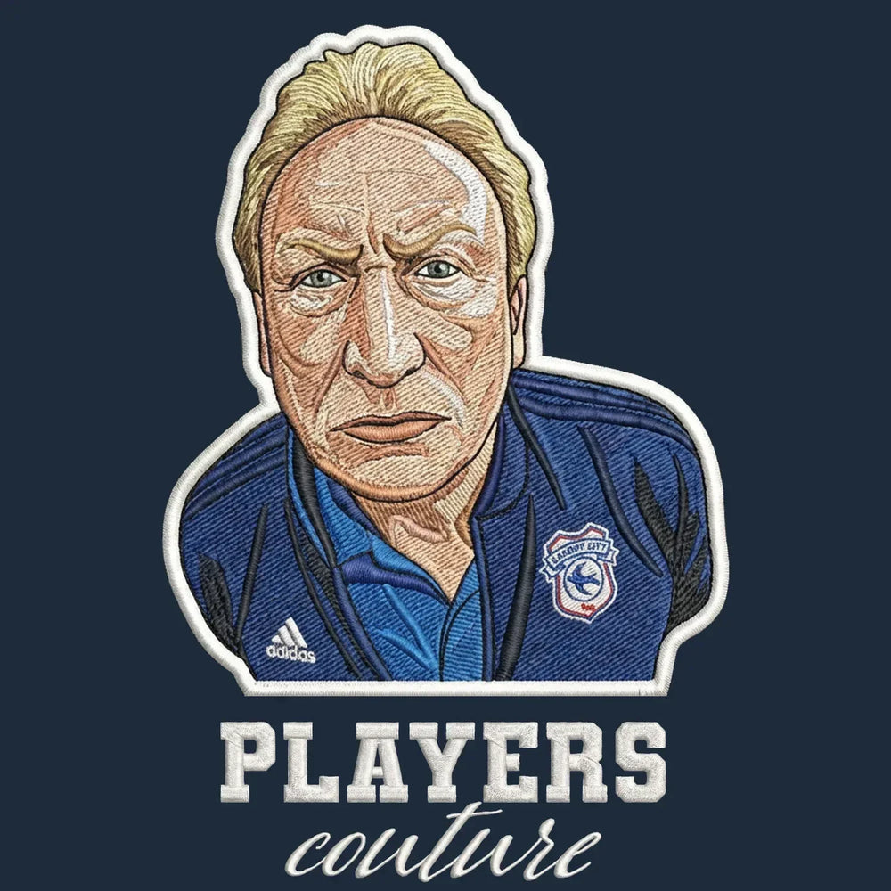 Neil Warnock Badge Men's Hoodie – navy close-up detail shot of the Neil Warnock Players Couture logo design