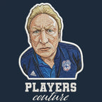 Neil Warnock Badge Men's Hoodie – navy close-up detail shot of the Neil Warnock Players Couture logo design