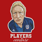 Neil Warnock Badge Men's Hoodie – red close-up detail shot of the Neil Warnock Players Couture logo design