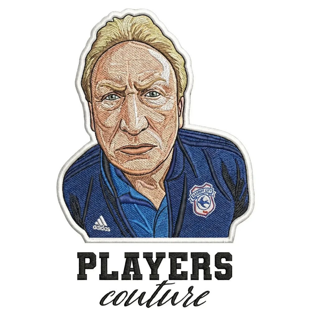 Neil Warnock Badge Men's Hoodie – white close-up detail shot of the Neil Warnock Players Couture logo design