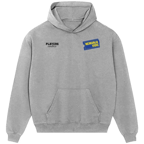 Nemanja Vidic hoodie – grey men's hoodie featuring the Nemanja Vidic Players Couture logo