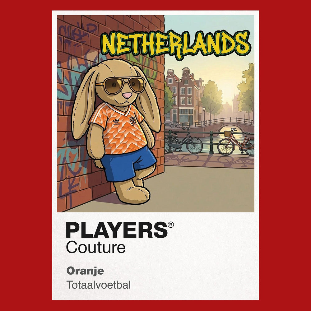Netherlands Football Cool Bunny Men's T-Shirt – Netherlands football cool bunny artwork close-up on Red – Players Couture