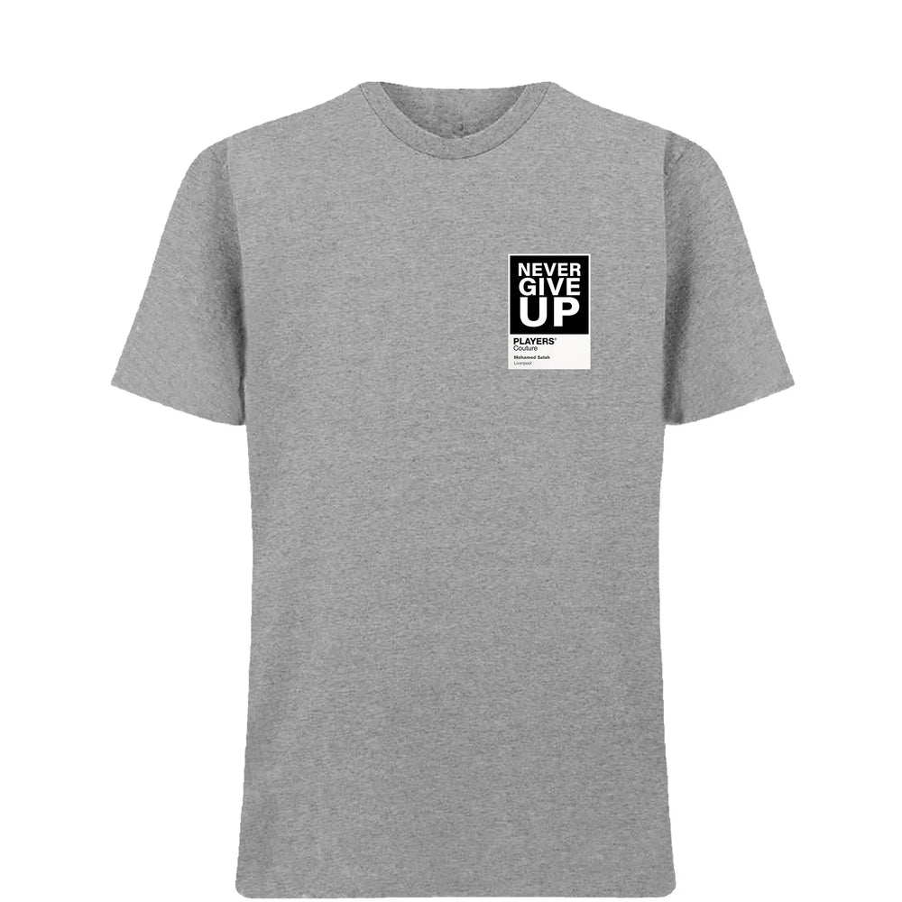 Mohamed Salah Never Give Up t-shirt – grey men's t-shirt featuring the Mohamed Salah Never Give Up Players Couture logo