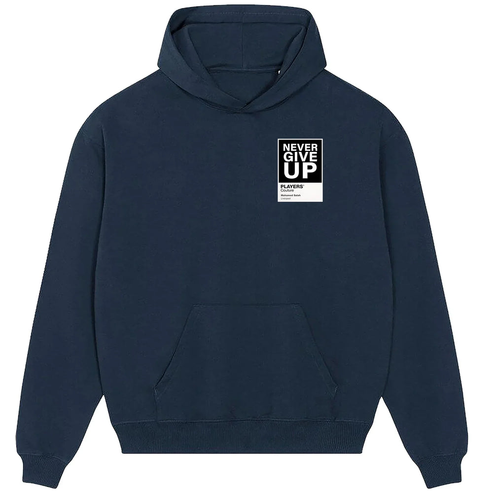 Mohamed Salah Never Give Up hoodie – navy men's hoodie featuring the Mohamed Salah Never Give Up Players Couture logo