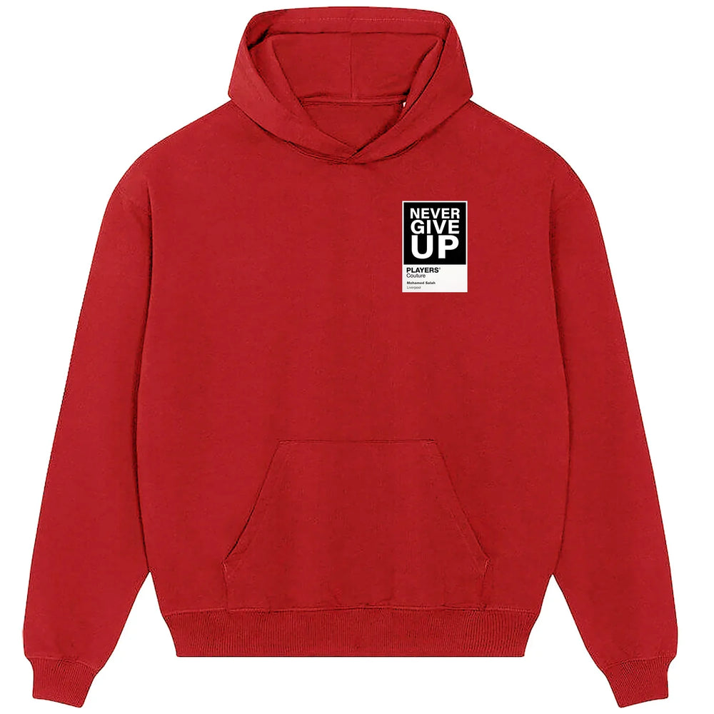 Mohamed Salah Never Give Up hoodie – red men's hoodie featuring the Mohamed Salah Never Give Up Players Couture logo
