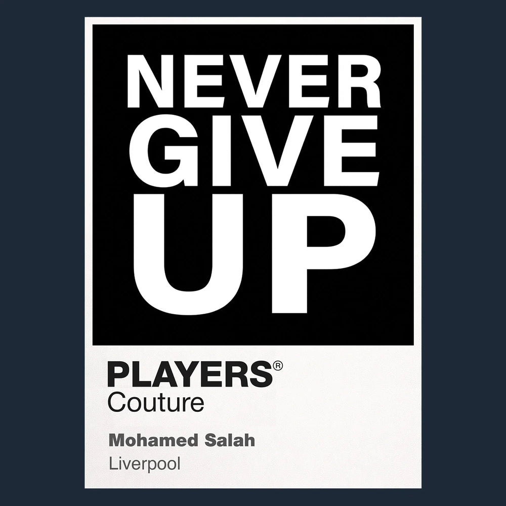 Mohamed Salah Never Give Up Shirt Frame Men's Hoodie – navy close-up detail shot of the Mohamed Salah Never Give Up Players