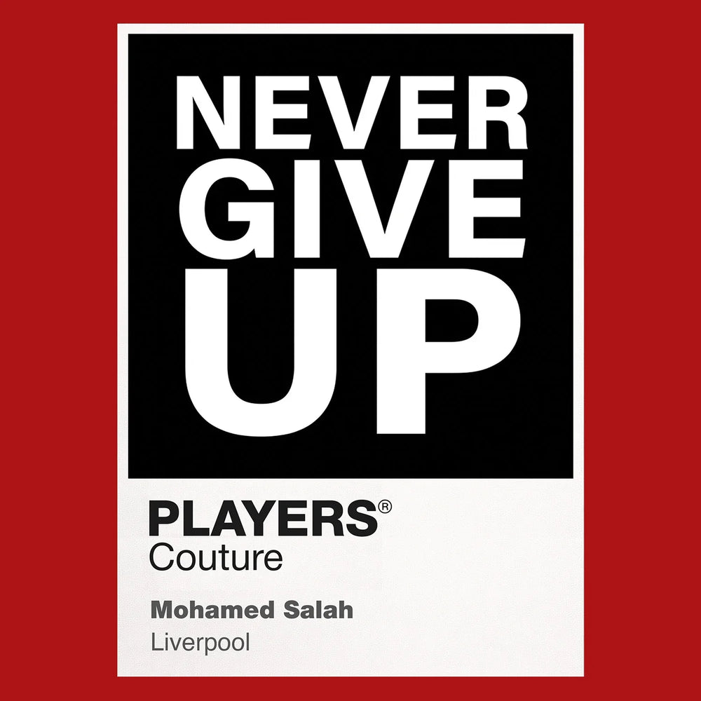 Mohamed Salah Never Give Up Shirt Frame Men's Hoodie – red close-up detail shot of the Mohamed Salah Players Couture logo