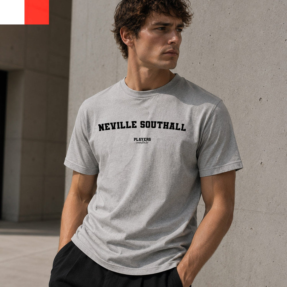 Neville Southall Men's T-Shirt — lifestyle photo, Grey t-shirt