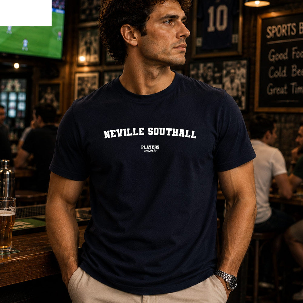 Neville Southall Men's T-Shirt — lifestyle photo, Navy t-shirt