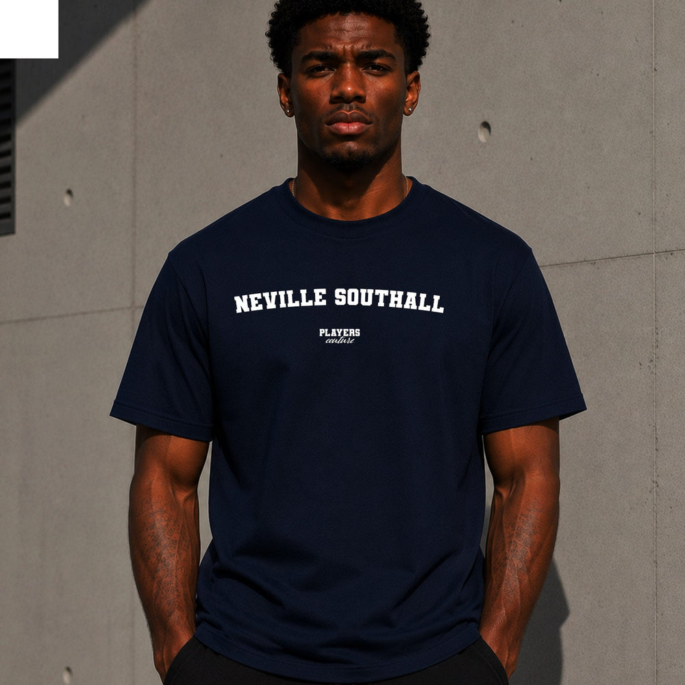 Neville Southall Men's T-Shirt — lifestyle photo, Navy t-shirt