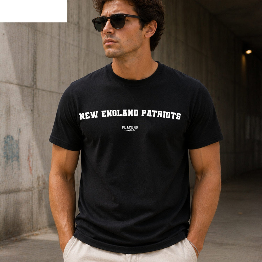 New England Patriots Men's T-Shirt — lifestyle photo, Black t-shirt