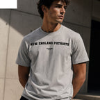 New England Patriots Men's T-Shirt — lifestyle photo, Grey t-shirt