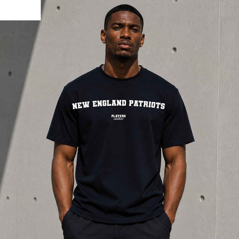 New England Patriots Men's T-Shirt — lifestyle photo, Navy t-shirt