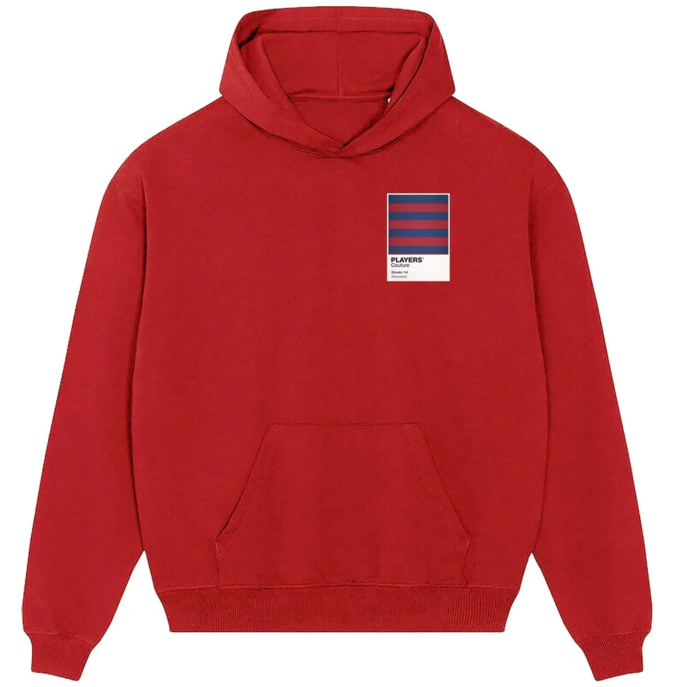 Newcastle Away hoodie – red men's hoodie featuring the Newcastle Away Players Couture logo