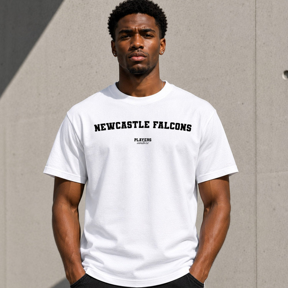 Newcastle Falcons Men's T-Shirt — lifestyle photo, White t-shirt