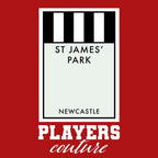 Newcastle United Monopoly Card hoodie – red men's hoodie with white Newcastle United Monopoly Card letters and Players