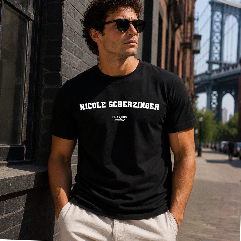 Nicole Scherzinger Men's T-Shirt — lifestyle photo, Black t-shirt