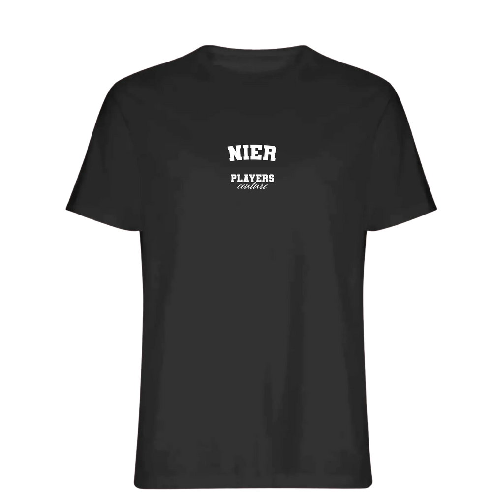 Nier t-shirt – black men's t-shirt with white Nier letters and Players Couture logo on the chest