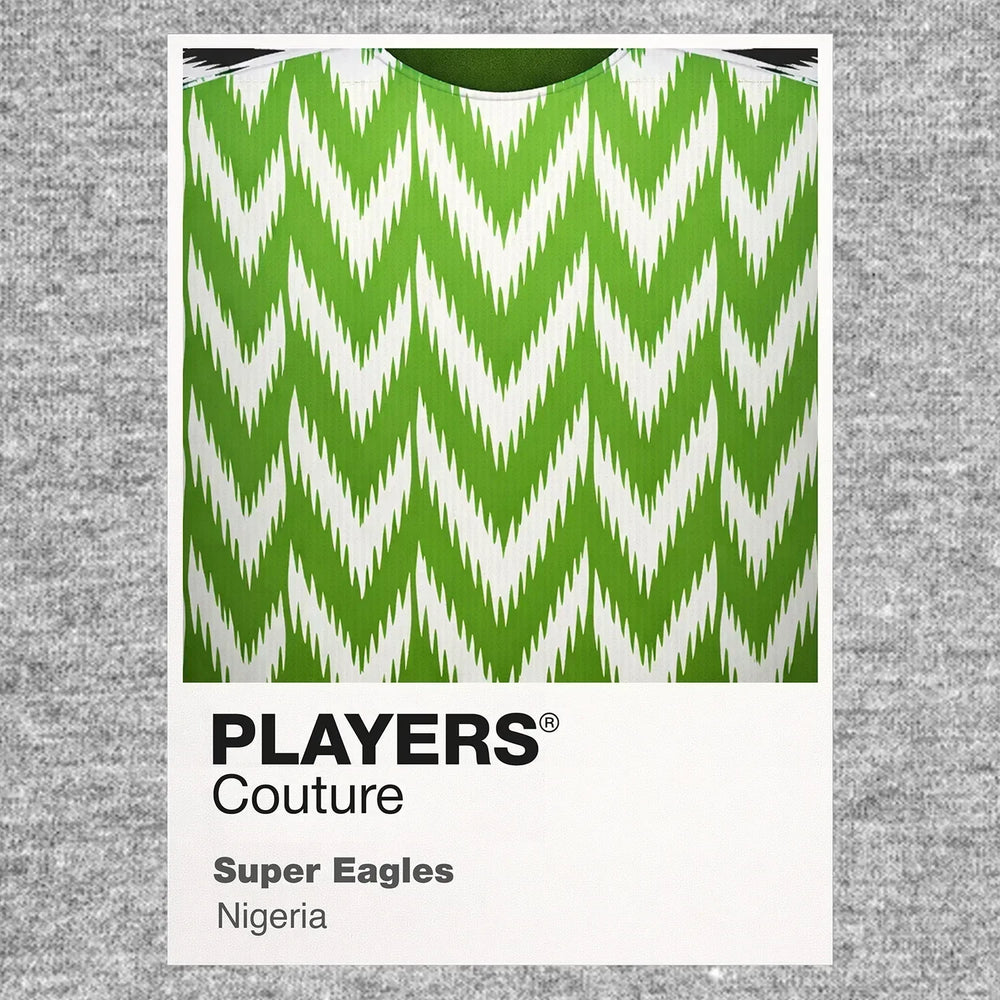 Nigeria Classic Football Shirt Colours Frame Men's T-Shirt – grey close-up detail shot of the Nigeria Players Couture logo