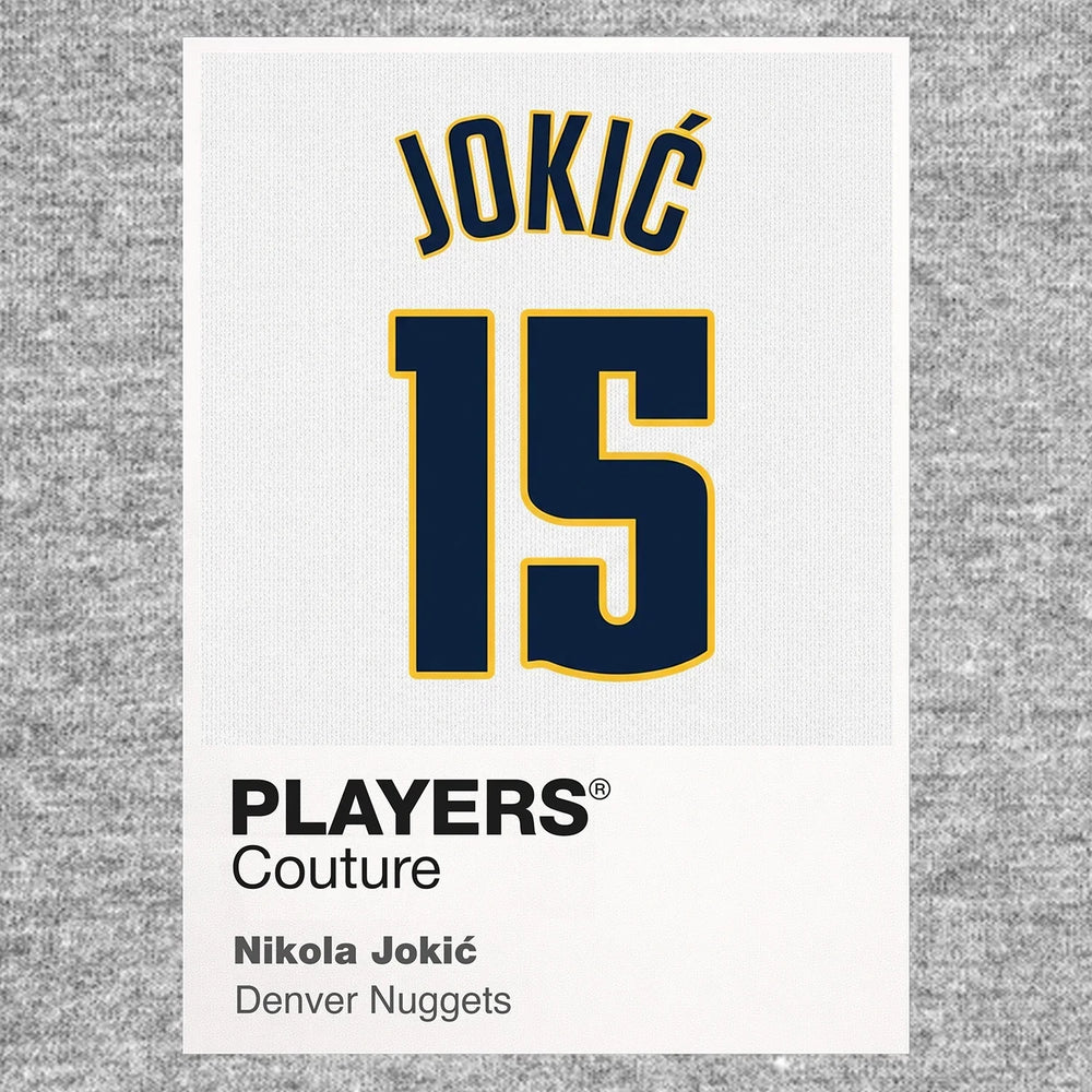 Nikola Jokic 15 Jersey Frame Men's T-Shirt – grey close-up detail shot of the Nikola Jokic 15 Players Couture logo design