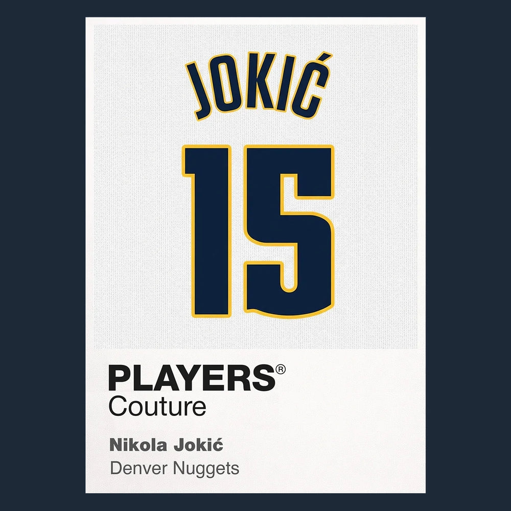 Nikola Jokic 15 Jersey Frame Men's T-Shirt – navy close-up detail shot of the Nikola Jokic 15 Players Couture logo design