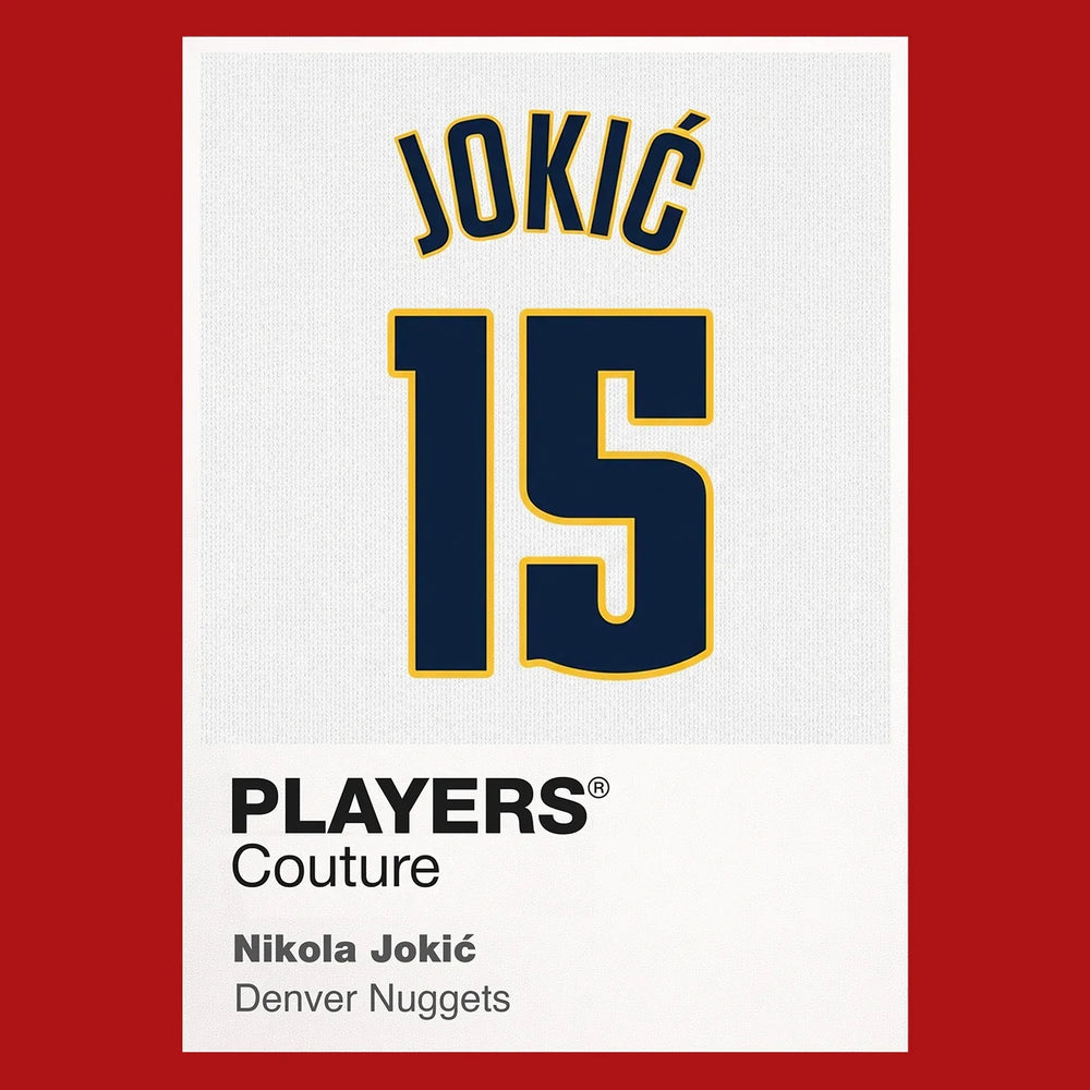 Nikola Jokic 15 Jersey Frame Men's T-Shirt – red close-up detail shot of the Nikola Jokic 15 Players Couture logo design