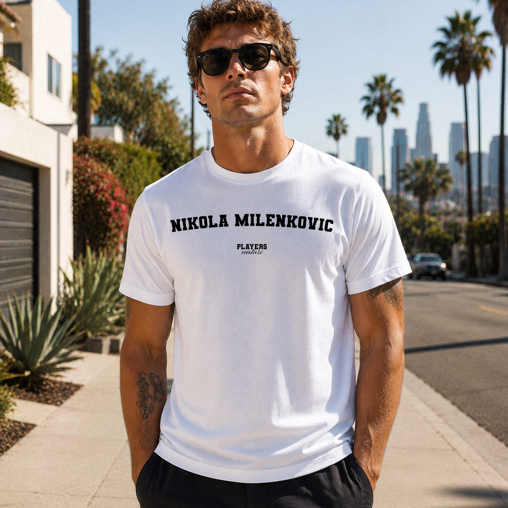 Nikola Milenkovic Men's T-Shirt — lifestyle photo, White t-shirt