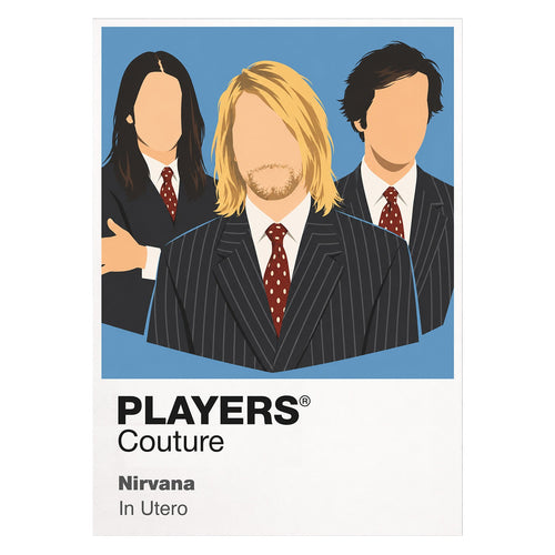 Nirvana the instruments, casual clothing and raw performance stance of Nirvana Icon Frame artwork on white