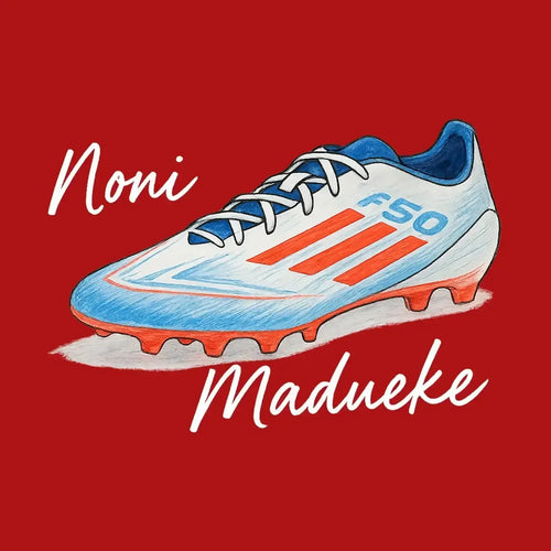 Noni Madueke Logo Men's Hoodie – red close-up detail shot of the Noni Madueke Players Couture logo design
