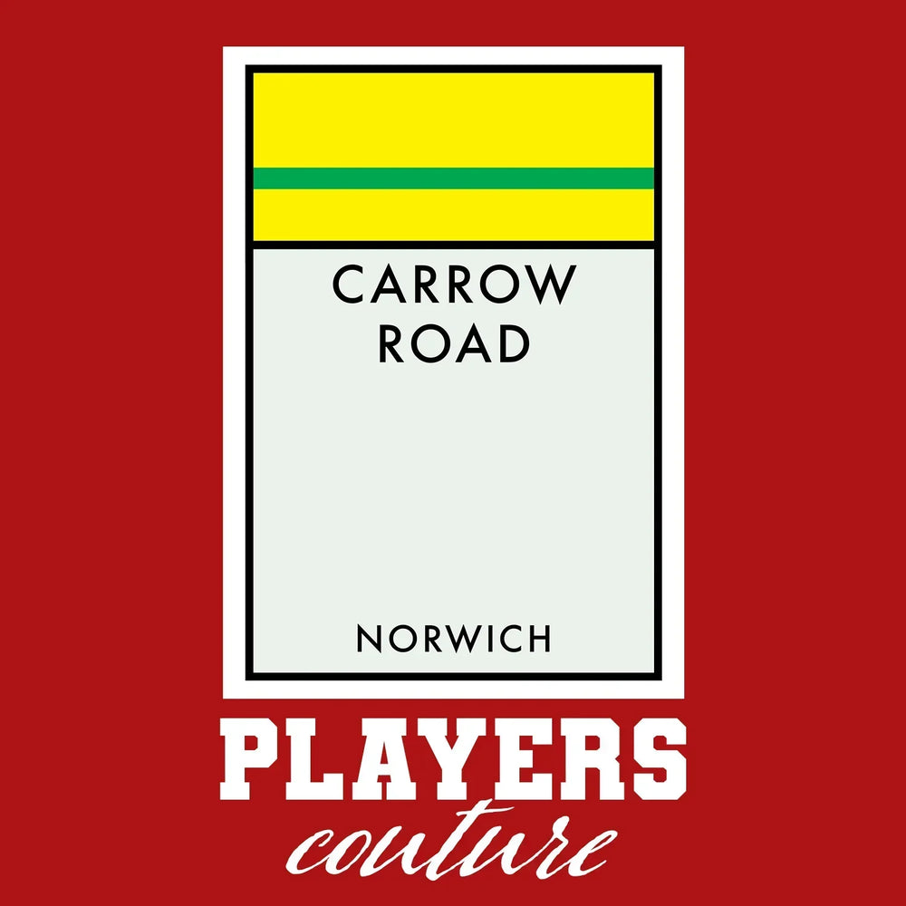 Norwich City Monopoly Card hoodie – red men's hoodie with white Norwich City Monopoly Card letters and Players Couture logo