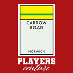 Norwich City Monopoly Card hoodie – red men's hoodie with white Norwich City Monopoly Card letters and Players Couture logo