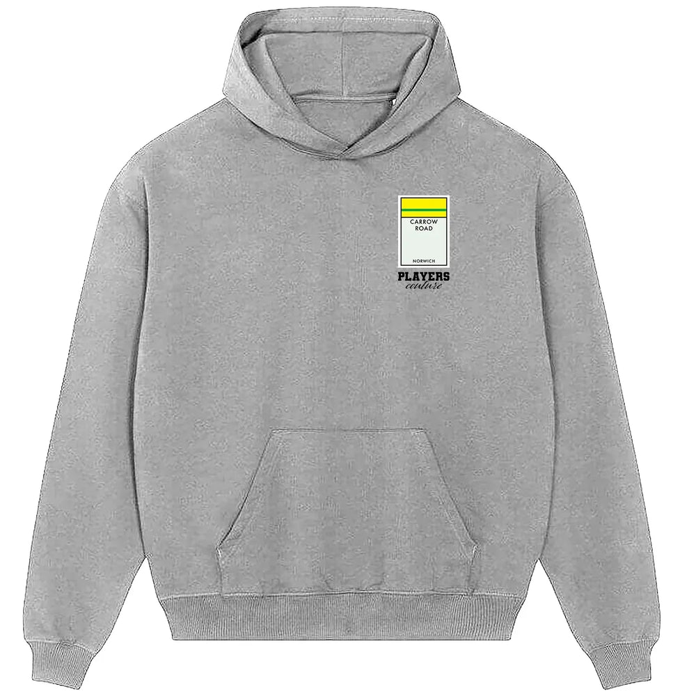 Norwich City Monopoly Card hoodie – close-up of white Norwich City Monopoly Card lettering and Players Couture logo on the