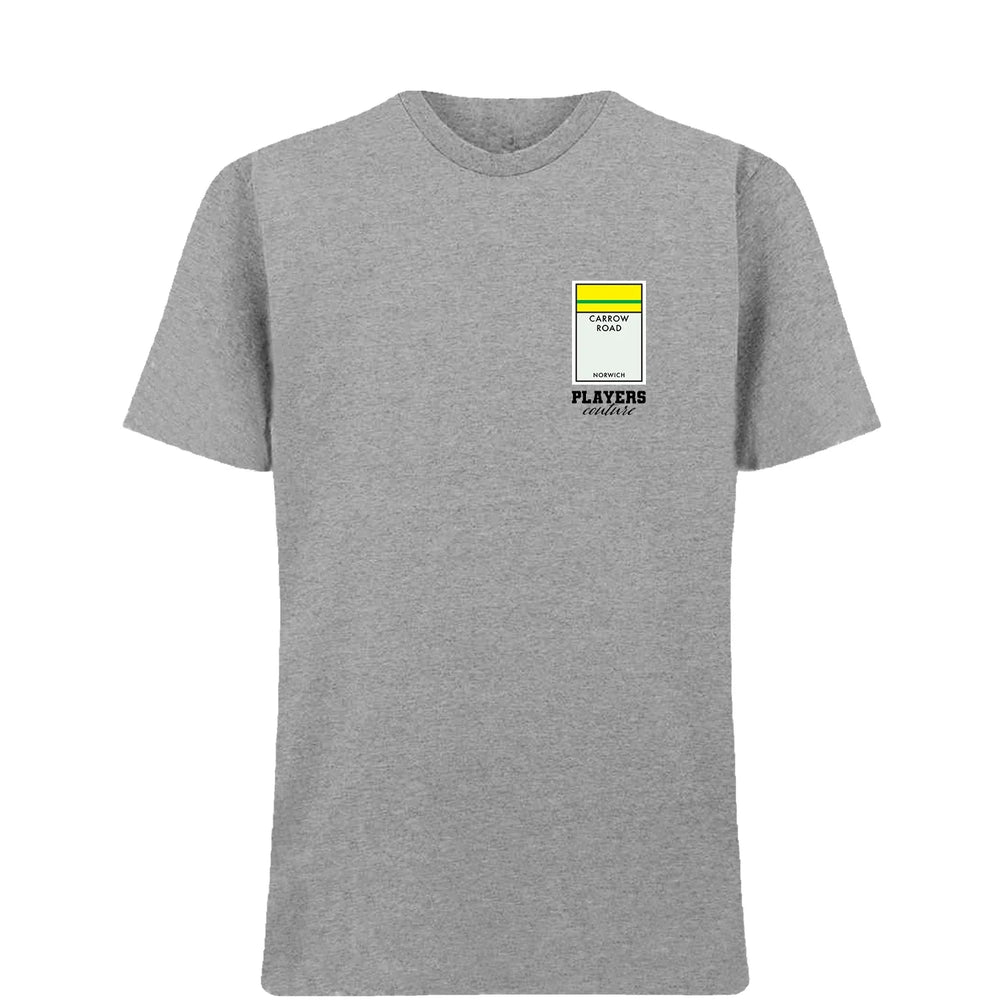 Norwich City Monopoly Card t-shirt – close-up of white Norwich City Monopoly Card lettering and Players Couture logo on the