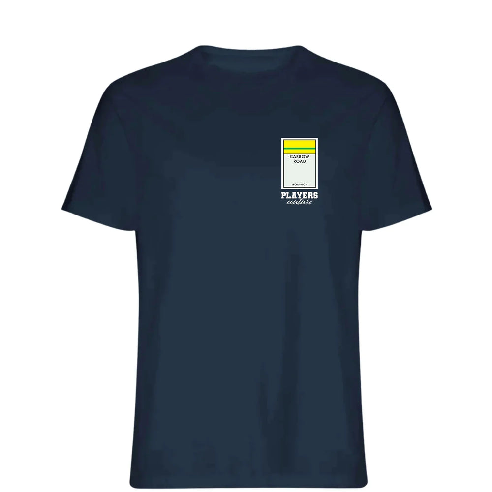 Norwich City Monopoly Card t-shirt – red men's t-shirt with white Norwich City Monopoly Card letters and Players Couture
