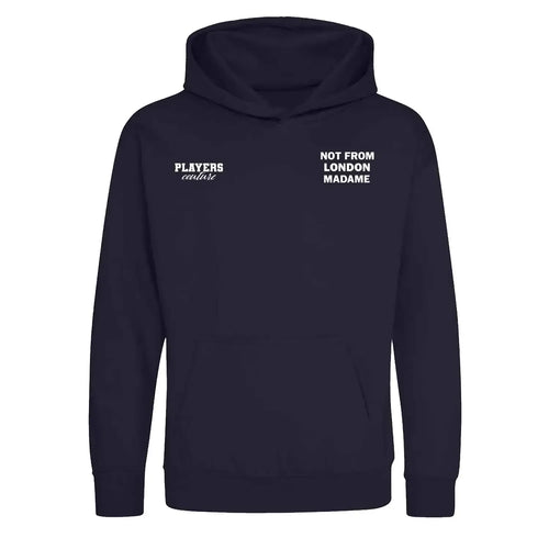 Not From London Madame hoodie – navy kids' hoodie featuring the Not From London Madame Players Couture logo