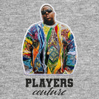Notorious B.I.G. Badge Men's Hoodie – black close-up detail shot of the Notorious B.I.G. Players Couture logo design