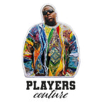 Notorious B.I.G. Badge Men's Hoodie – black close-up detail shot of the Notorious B.I.G. Players Couture logo design